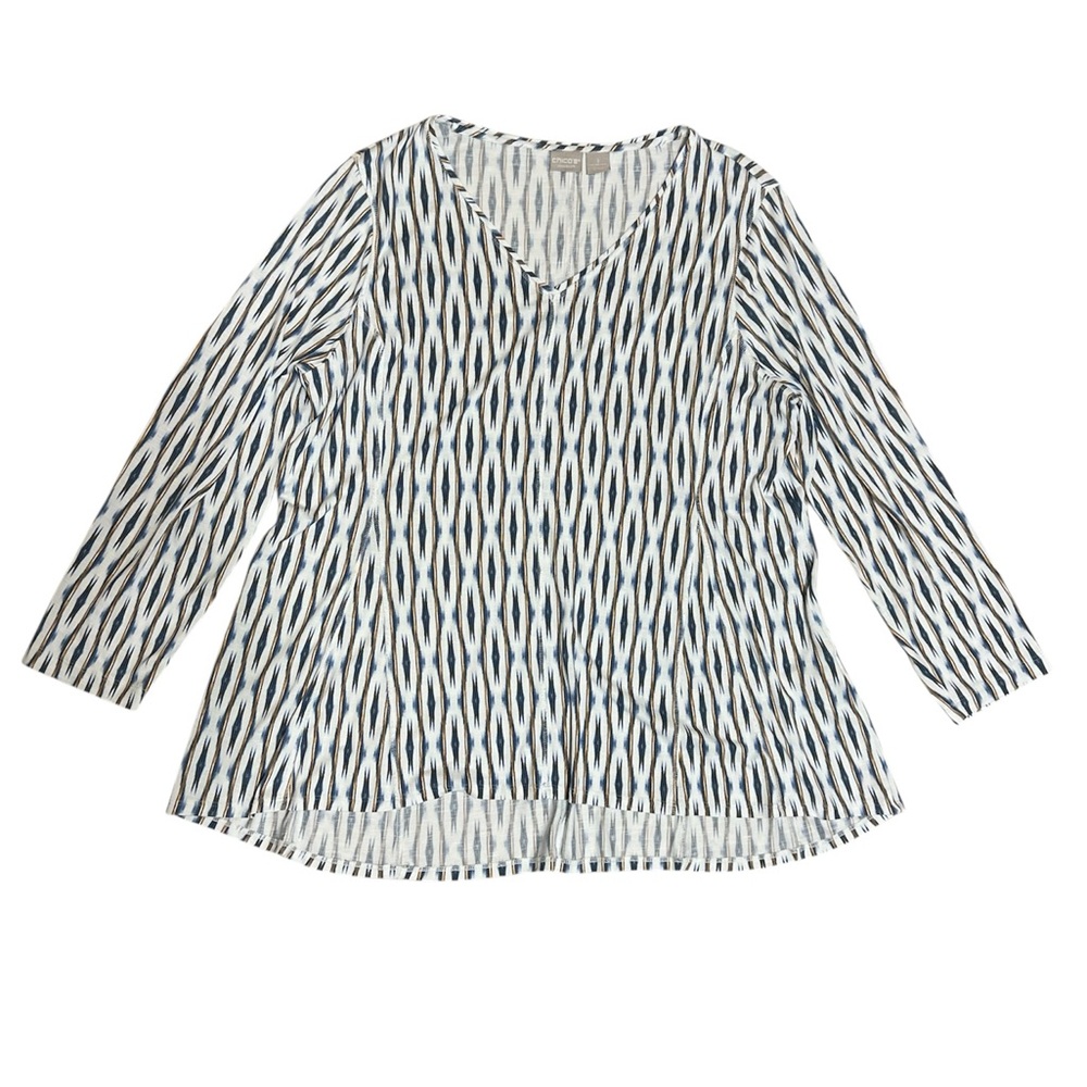 Chico's Zenergy Sz 3 - White & Blue Geometric Long Sleeve Top Blouse Shirt